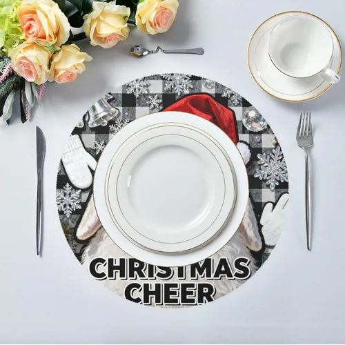 Miniatura 5 de Rabbit Merry Christmas Black Plaid Natural placemats Round Waterproof placemats for Kitchen Table Set of 4 15x15 in manteles para comedor