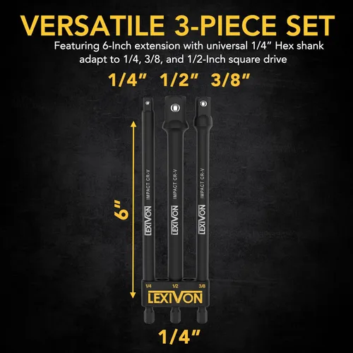 Miniatura 2 de LEXIVON Juego de adaptadores de enchufe de grado de impacto, broca de extensión de 6 pulgadas con soporte, 3 unidades de 1/4, 3/8 y 1/2 pulgadas