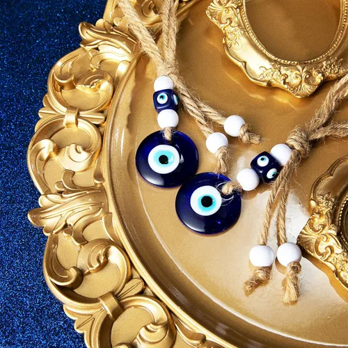Miniatura 4 de Hicarer 6 dijes de cuentas de ojo turco azul turco para manualidades, cuentas de vidrio, adorno colgante de pared con cuerdas para llavero