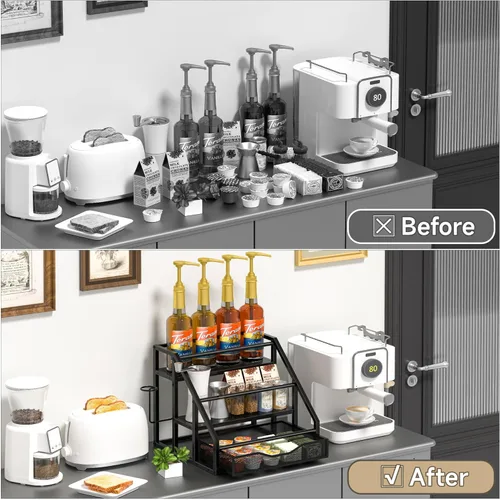 Miniatura 6 de Organizador de jarabe de café, estantes para especias, soporte para botellas de jarabe para barra de café, 3 niveles para 12 botellas, estantes