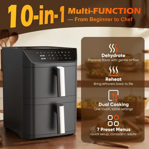 Miniatura 7 de Freidora de aire de doble cesta, 12.6QT de tamaño familiar para 10–12 personas, cesta XL para pollo entero de 6LB, diseño compacto DoubleStack