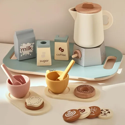 Miniatura 10 de EERKEOD Cafetera de juguete para niños, cafetera de madera para niños, juego para niños pequeños, accesorios de cocina, regalo para niñas y niños