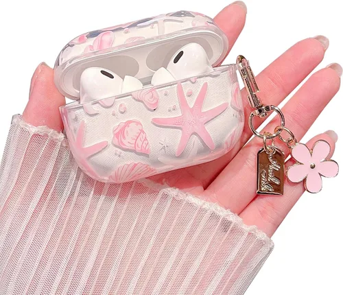 Miniatura 18 de MINSCOSE Compatible con AirPods Pro de 2ª/1ª generación, bonito diseño de patrón de conchas y estrellas de mar con llavero, funda protectora de TPU