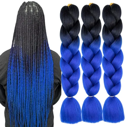 3 paquetes de extensiones de cabello sintético para trenzar de color negro a azul, tamaño jumbo ombré, de 24 pulgadas o trenzas de ganchillo