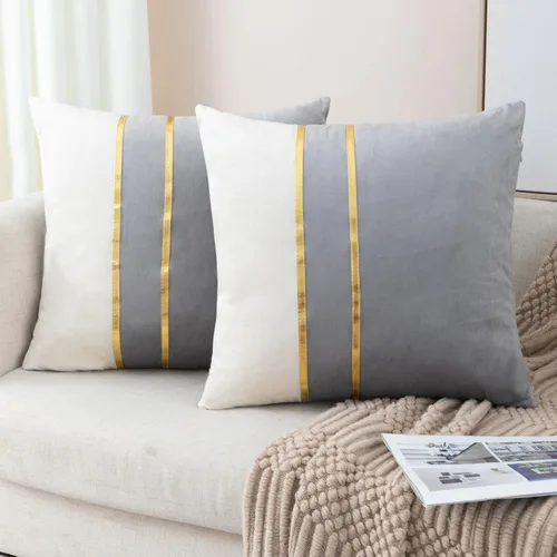 Miniatura 19 de ZLINA Juego de 2 fundas de almohada decorativas de terciopelo verde aguamarina y blanco con parches y cuero dorado de 16 × 16 pulgadas, fundas
