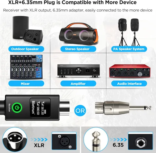 Miniatura 3 de Bietrun Micrófono Inalámbrico XLR, Conjunto de Micrófono Dinámico de Metal Portátil Dual UHF con Receptor Recargable, Adaptador XLR a 1/4