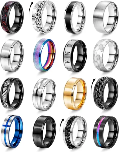 Vegolita 16 anillos de acero inoxidable para hombres y mujeres, anillos simples para aliviar el estrés y la ansiedad, anillos giratorios de ajuste
