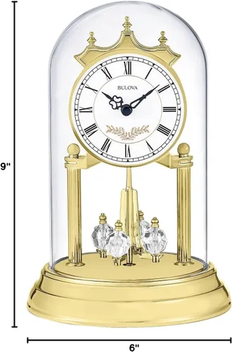 Miniatura 4 de Bulova B8821 Heather Anniversary Clock Diseño de cúpula de cristal de 9 pulgadas Péndulo de cristal giratorio Timbre Westminster Placa
