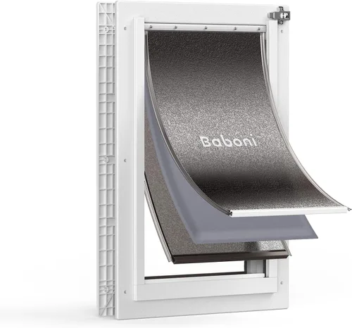Puerta para mascotas de 3 solapas Baboni para puertas interiores y exteriores, marco de plástico duradero y túnel telescópico, cerradura de