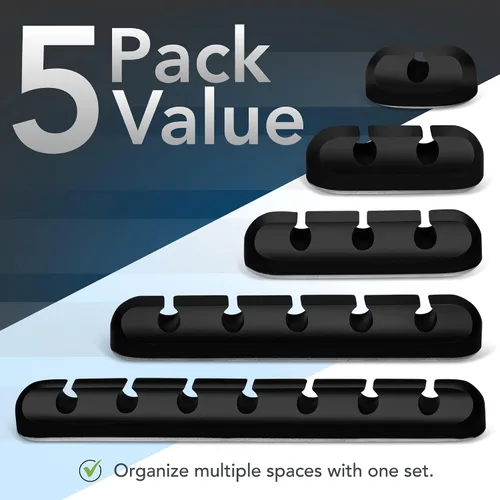 Miniatura 2 de Paquete de 5 clips organizadores de cables, soportes adhesivos fuertes para escritorio, pared y hogar, tamaños de ranura mixta (1, 2, 3, 5, 7)