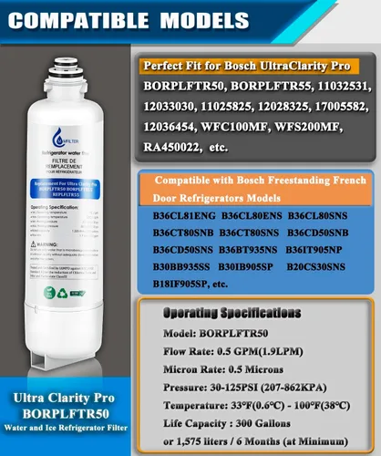 Miniatura 2 de BORPLFTR50 Repuesto para filtro de agua Bosch Ultra Clarity Pro, compatible con filtro de agua para refrigerador 11032531 12033030 BORPLFTR55
