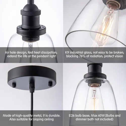 Miniatura 9 de Lámpara colgante sobre isla, iluminación industrial de vidrio transparente, cable ajustable para fregadero, cocina, isla de comedor, negro, 1 paquete