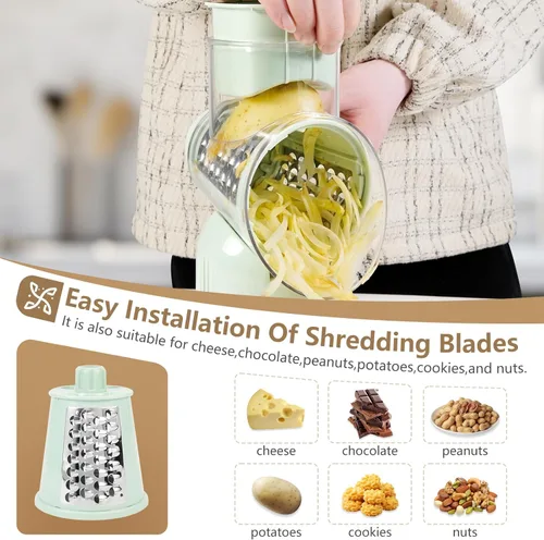 Miniatura 5 de Rallador rotativo de queso con mango triturador de verduras con 5 cuchillas intercambiables, rebanador y picador de alimentos de cocina con base