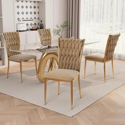 Miniatura 35 de Juego de 2 sillas de comedor de terciopelo, modernas sillas de cocina tejidas con patas de metal dorado, cojín tapizado con respaldo alto