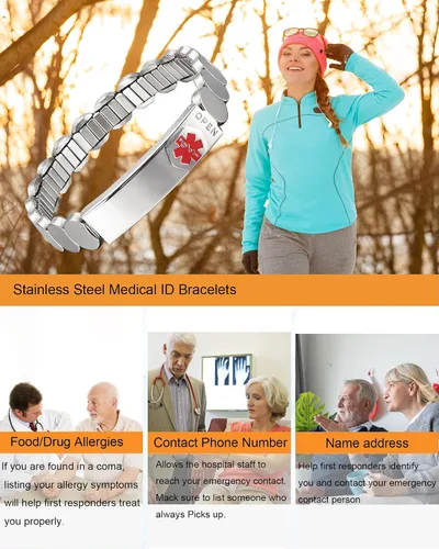 Miniatura 5 de Pulseras de identificación de alerta médica para mujer, pulsera elástica ajustable de emergencia de acero inoxidable plateado de 7.48 pulgadas