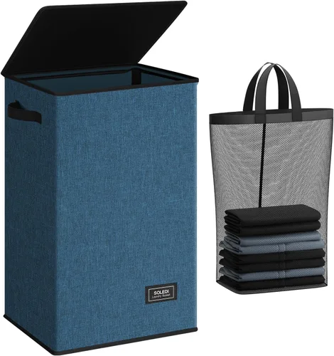 Miniatura 13 de SOLEDI - Canasta de lavandería con tapa de 100L, canasta de ropa plegable grande y alta, cesta de lavandería con bolsa removible fácil
