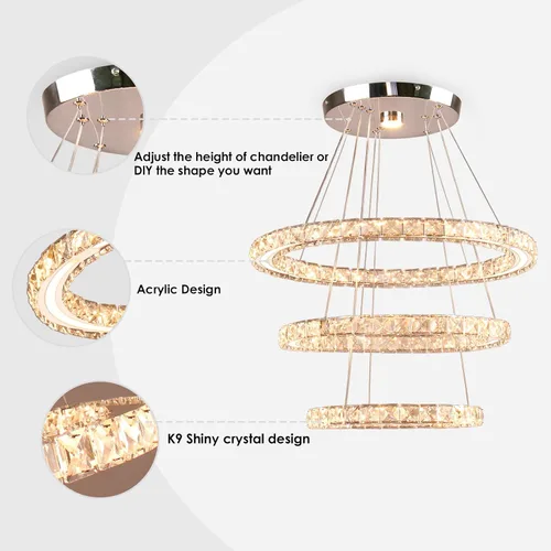 Miniatura 7 de Candelabros LED modernos de cristal, lámpara de techo de tres anillos, luz colgante con acrílico para dormitorio, comedor, pasillo