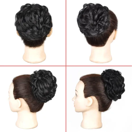 Miniatura 3 de KETHBE Pieza de pelo de moño desordenado de fibra sintética negra, 2 unidades JX&WZ-Negro