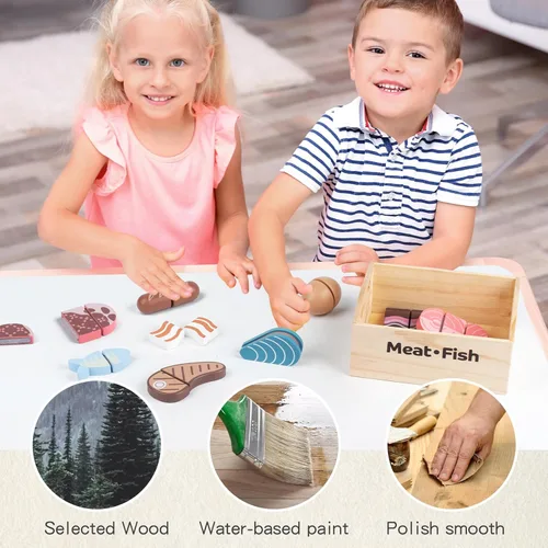 Miniatura 5 de Juego de 10 alimentos de madera para jugar carne y pescado para la cocina de los niños, juguete de madera, juego de corte de alimentos, juego