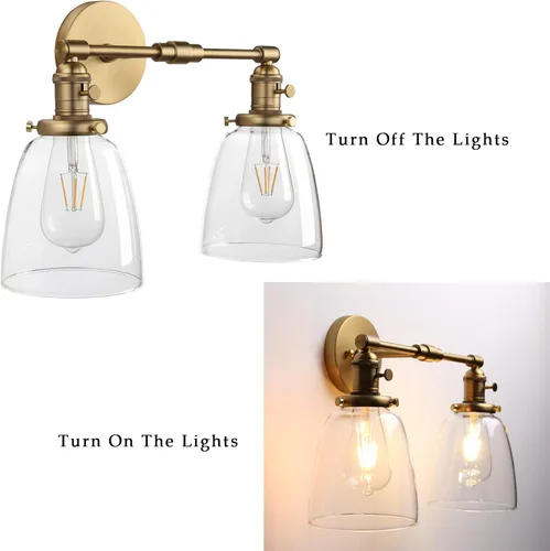 Miniatura 5 de Phansthy Apliques de pared industriales retro de 2 luces, lámpara de tocador de baño, lámpara de pared con doble pantalla de vidrio transparente