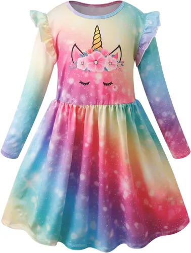VASCHY Vestido para niñas, suave, elástico, casual, con volantes, para uso diario, para niñas pequeñas, grandes, ropa de 2 a 10 años