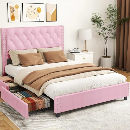 Miniatura 15 de EVLIQUIL - Marco de cama de tamaño matrimonial con 4 cajones de almacenamiento y cabecero, color beige Upholstered Platform Bed Frame with Wood
