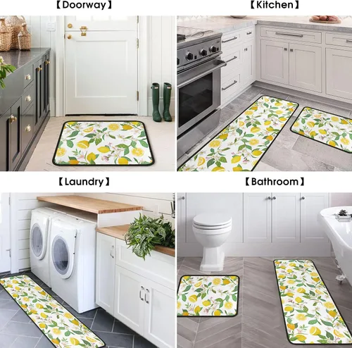 Miniatura 5 de Lemon - Juego de 2 alfombras y tapetes de cocina de microfibra antideslizantes, lavables, absorbentes para el piso, juego de 2 tapetes de cocina