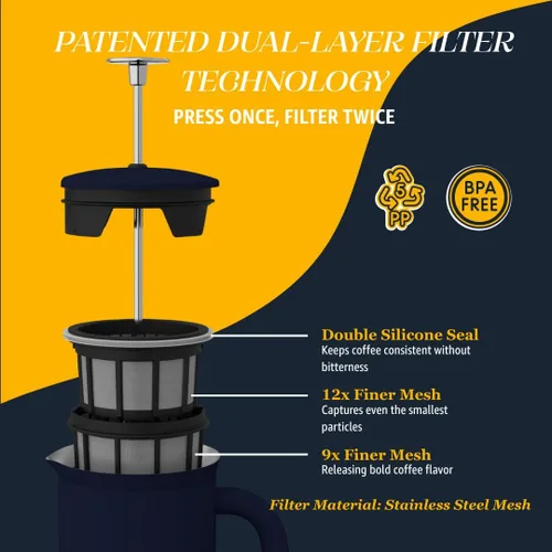 Miniatura 2 de ESPRO Pro P7 French Press Acero inoxidable 304 – Cafetera de prensa francesa patentada de doble pared con aislamiento de microfiltro, sin arena