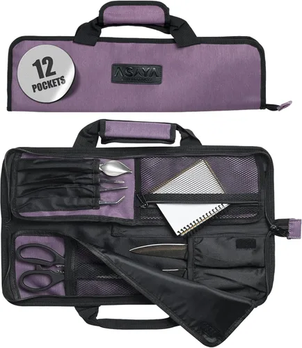 Asaya Bolsa enrollable para cuchillos de chef, 12 bolsillos para cuchillos y utensilios de cocina, nailon ligero, duradero y resistente a las Púrpura