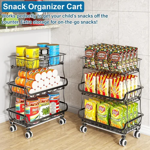 Miniatura 5 de OKZEST Organizador de piso de despensa rodante de 3 niveles y carrito de almacenamiento con ruedas, cestas apilables de despensa de alambre