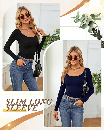 Miniatura 5 de Ficerd 3 piezas de camisetas cortas básicas de manga larga para mujer, ajustadas, cuello redondo, color liso, casual, para mujer