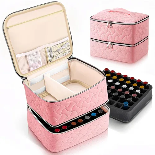 Miniatura 11 de DreamGenius Estuche organizador de esmalte de uñas con capacidad para 42 botellas, bolsa portátil de almacenamiento de esmalte de uñas de doble capa