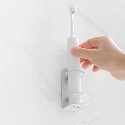 Miniatura 2 de Paquete de 2 soportes eléctricos para cepillos de dientes que se adhieren a la pared, soporte eléctrico de metal para cepillado de dientes, Blanco
