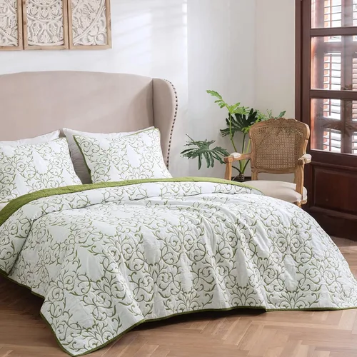 Miniatura 2 de Mixinni - Juego de edredón reversible de reina de 3 piezas con patrón de bordado verde elegante 1 - Patrón # Verde