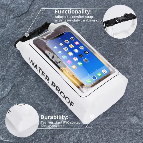 Miniatura 5 de Bolsa impermeable IP68 de 2L - Bolsa impermeable para piscina con tapa enrollable, bolsas secas impermeables para kayak - con funda para teléfono