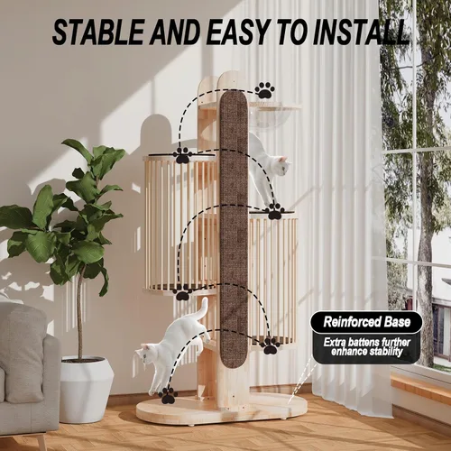 Miniatura 3 de Moderna torre de árbol para gatos de interior, torre para gatos de madera maciza de 67 pulgadas de alto con postes rascadores, casa de lujo natural