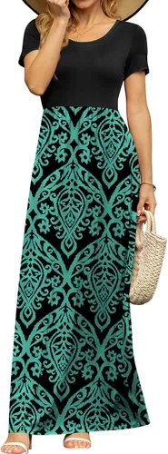 Miniatura 4 de DB MOON - Vestido largo de manga corta para mujer, vestido informal de cintura imperio, con bolsillos