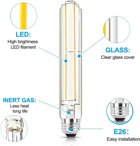 Miniatura 7 de Bombilla LED E26 de 7.3 pulgadas de 6 W, igual a 80 W, 4000 K, bombillas Edison blancas neutrales regulables, T10 T9 de vidrio transparente tubular