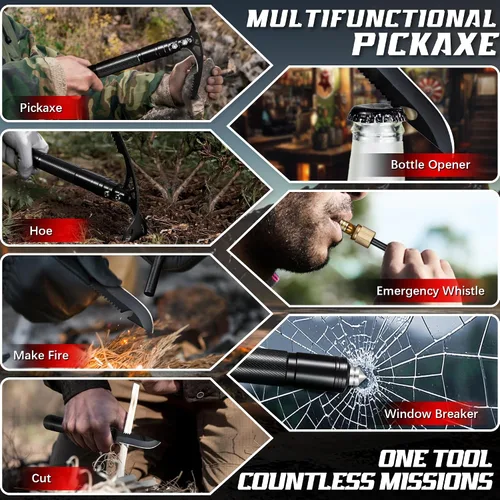 Miniatura 4 de Pick Axe 8 en 1, Pico Plegable Mattock con Azada de Jardín Multiusos y Cuchillo de Supervivencia, Picos de Acero Inoxidable para Excavar, Astillar