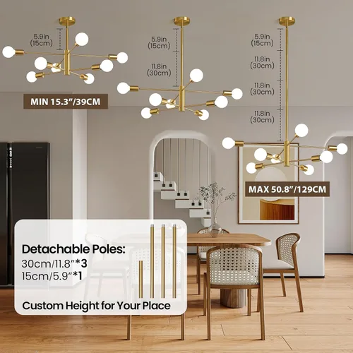 Miniatura 2 de KAISITE Lámpara de Araña Moderna Sputnik Luz de Techo 8 Luces Lámpara de Araña Dorada Luz de Comedor Sobre Mesa Altura Ajustable Lámpara de Araña