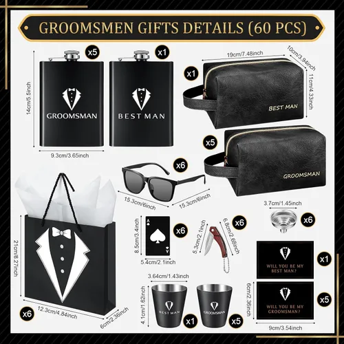 Miniatura 2 de Juego de 60 piezas de regalo para padrinos de boda, conjunto de 6, caja de propuesta de padrinos de boda con frascos, gafas de sol, neceser de cuero
