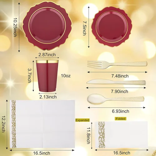 Miniatura 4 de Platos desechables burdeos - 50 platos de plástico granate, juego de vajilla de plástico rojo, 25 vasos de 10 onzas, 75 cubiertos dorados, 25 Borgoña