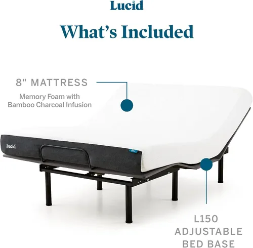 Miniatura 4 de LUCID - Colchón individual XL de 8 pulgadas y base de cama ajustable L150. Colchón de espuma viscoelástica de gel firme. Carbón de bambú.
