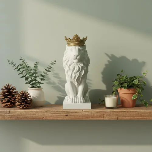 Miniatura 5 de Comfy Hour Estatua de león grande de 16 pulgadas con corona dorada, figura decorativa blanca felina para estante de oficina en casa, escultura