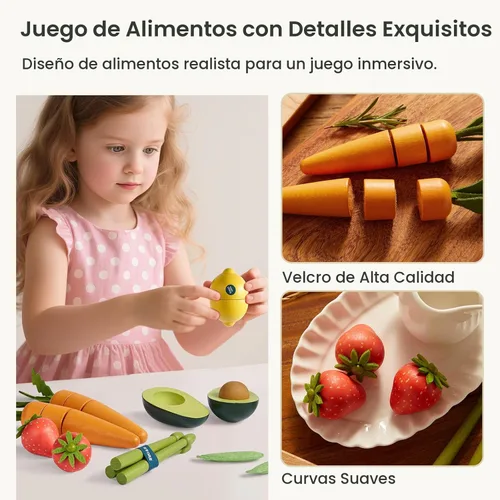 Miniatura 3 de Tiny Land Juego de Verduras y Frutas de Madera Orgánica – 7 Piezas de Comida de Simulación para Niños, Juguete de Cocina Montessori para Niños