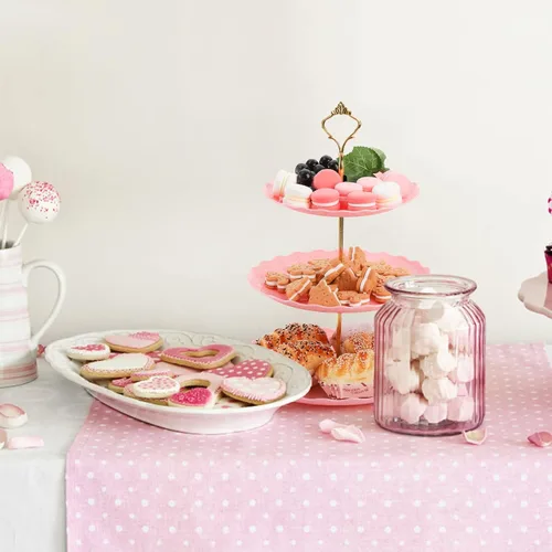 Miniatura 5 de Tosnail Paquete de 3 bandejas de plástico rosa para cupcakes de 3 niveles, soporte para postres con barra dorada de 3 estilos, bandejas de servir