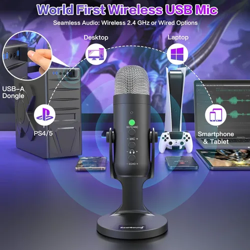 Miniatura 2 de ZealSound Micrófono Inalámbrico, Micrófono USB para iPhone PC iPad Teléfono Android - Micrófonos Condensadores de Escritorio Inalámbricos con Negro