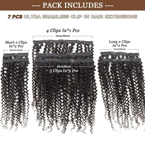 Miniatura 4 de Extensiones de cabello humano rizado sin costuras 3A 3B, color negro natural, ultra fino, doble trama, PU, invisible, clip, 7 unidades, 14 pulgadas