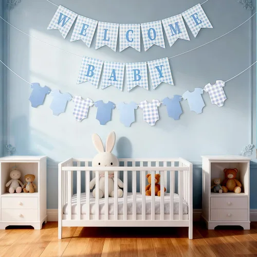 Miniatura 5 de Cartel de baby shower para bebé, 2 piezas preencordadas de tela de bienvenida a cuadros azules para bebé y cuerpo, para decoración de fiesta de baby