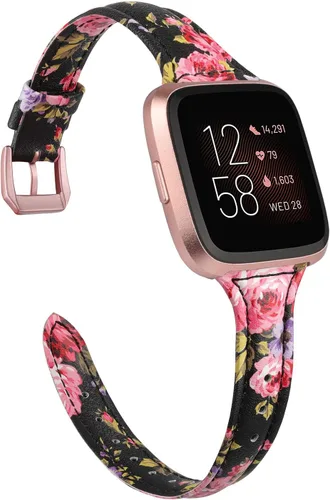 Miniatura 9 de TOYOUTHS Correa de cuero compatible con Fitbit Versa/Versa 2, correas de reloj para mujeres y hombres, pulseras delgadas de cuero genuino de Negro